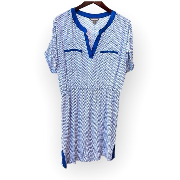 Tommy Bahama Fan Festival split neck dress shell print blue lightweight sz M - Picture 2 of 11